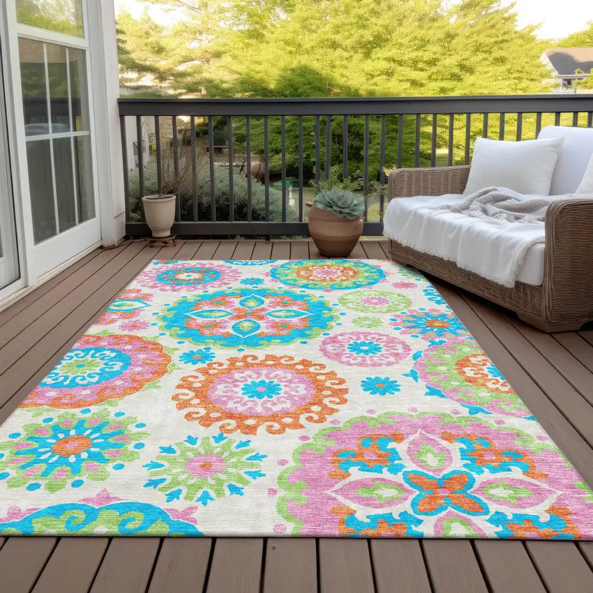 White Orange And Teal Blue Floral Medallion Washable Indoor Outdoor Area Rug Photo 8