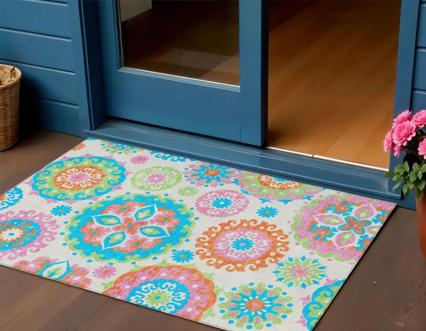 White Orange And Teal Blue Floral Medallion Washable Indoor Outdoor Area Rug Photo 1