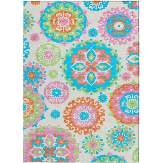 White Orange And Teal Blue Floral Medallion Washable Indoor Outdoor Area Rug Photo 7