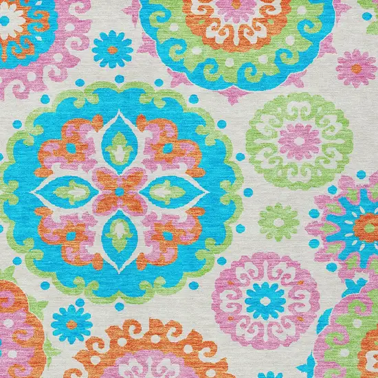 White Orange And Teal Blue Floral Medallion Washable Indoor Outdoor Area Rug Photo 5