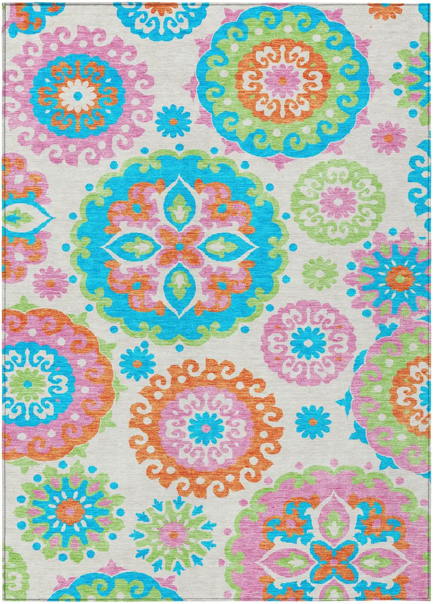 White Orange And Teal Blue Floral Medallion Washable Indoor Outdoor Area Rug Photo 2