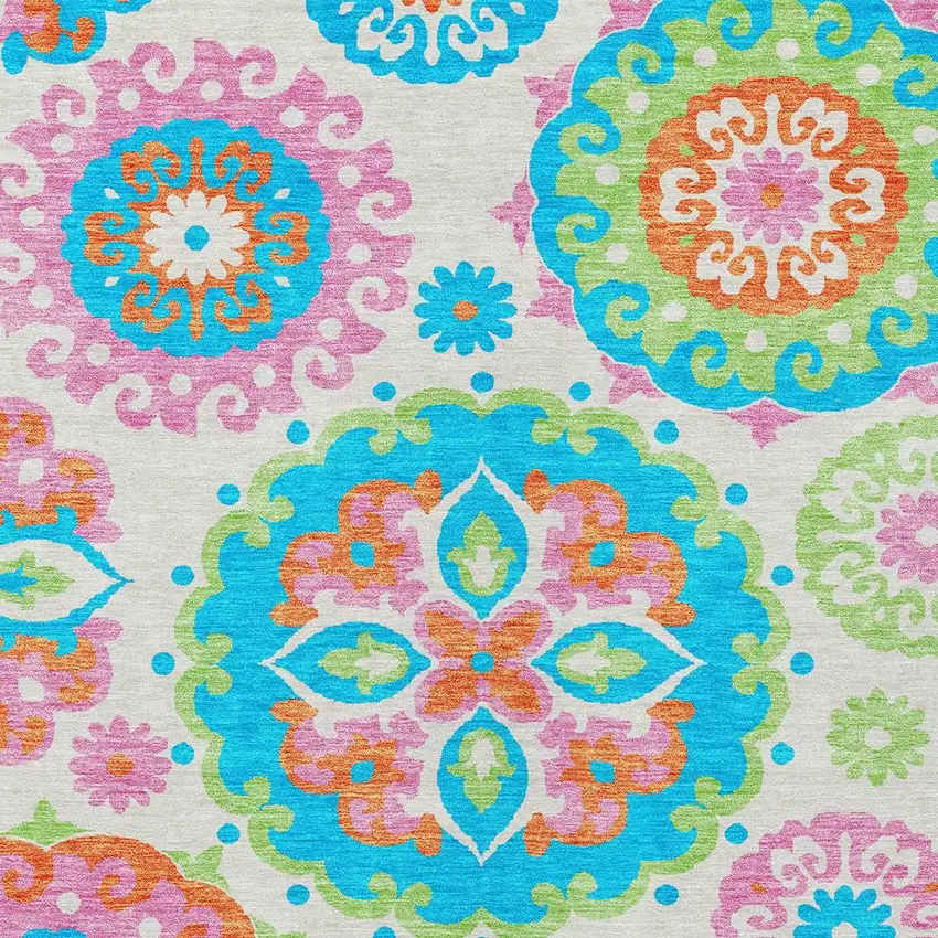 White Orange And Teal Blue Floral Medallion Washable Indoor Outdoor Area Rug Photo 6