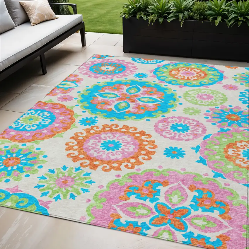 White Orange And Teal Blue Floral Medallion Washable Indoor Outdoor Area Rug Photo 1