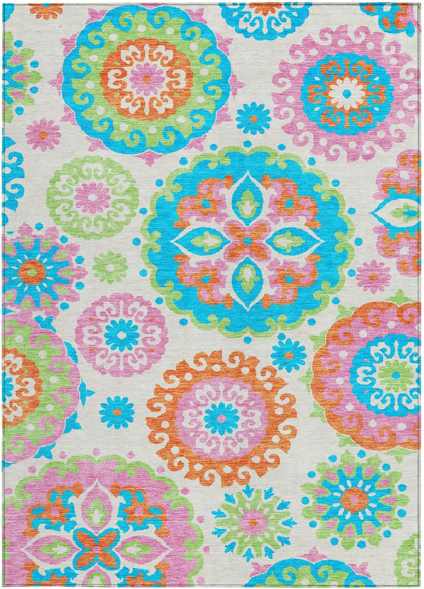 White Orange And Teal Blue Floral Medallion Washable Indoor Outdoor Area Rug Photo 6