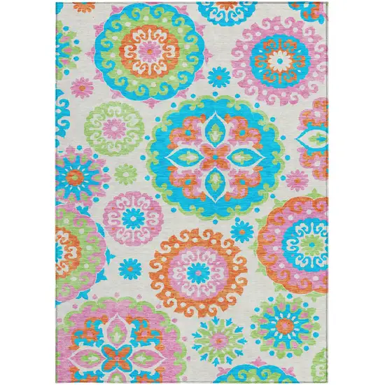 White Orange And Teal Blue Floral Medallion Washable Indoor Outdoor Area Rug Photo 6