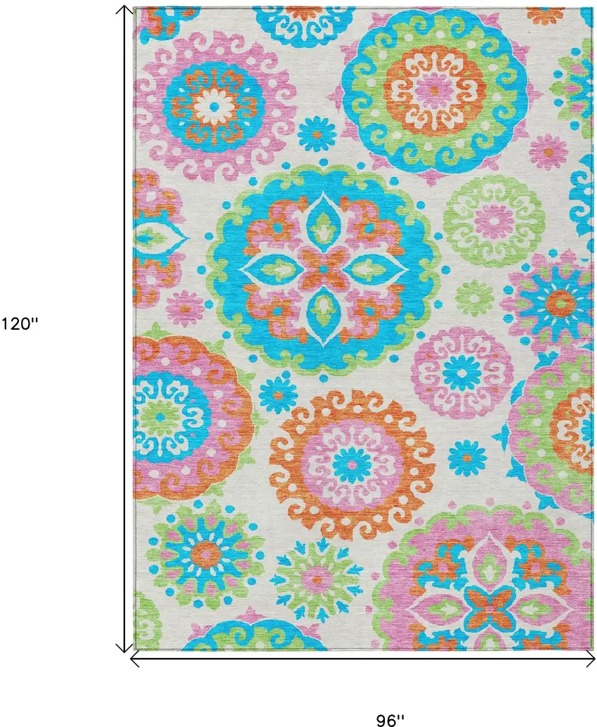 White Orange And Teal Blue Floral Medallion Washable Indoor Outdoor Area Rug Photo 3