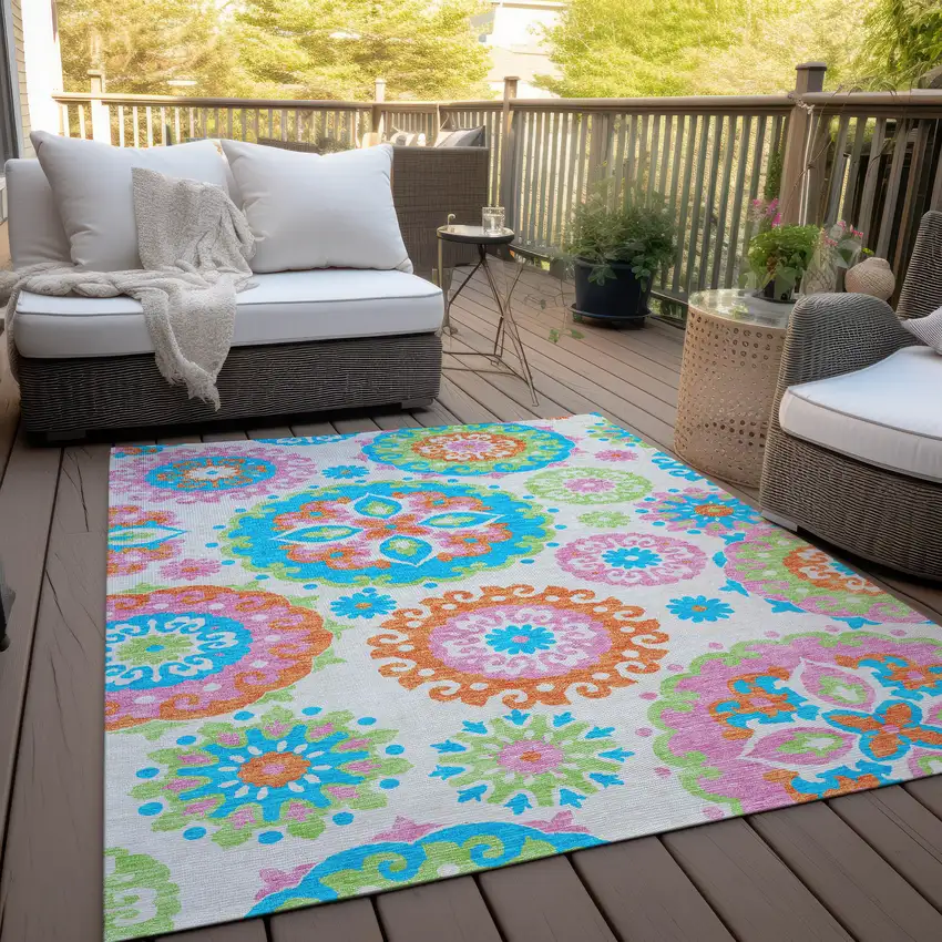 White Orange And Teal Blue Floral Medallion Washable Indoor Outdoor Area Rug Photo 9
