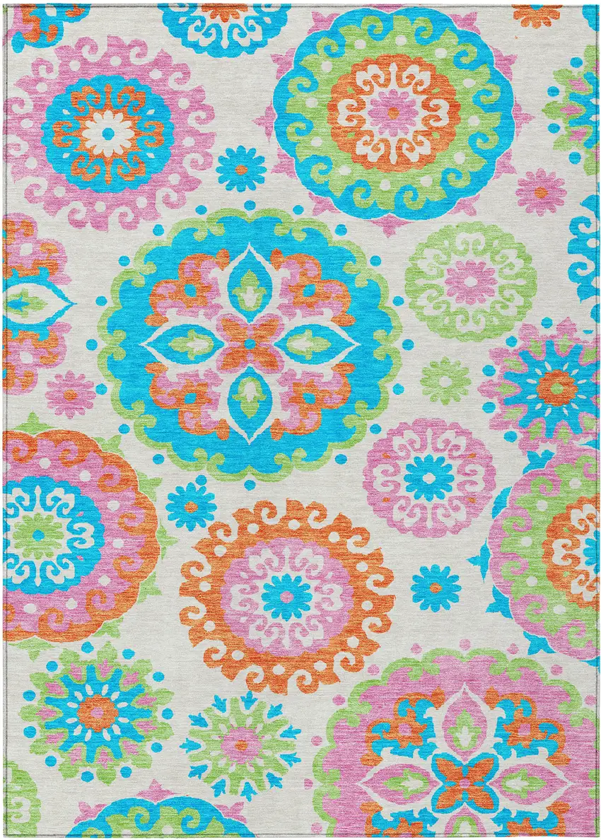 White Orange And Teal Blue Floral Medallion Washable Indoor Outdoor Area Rug Photo 1