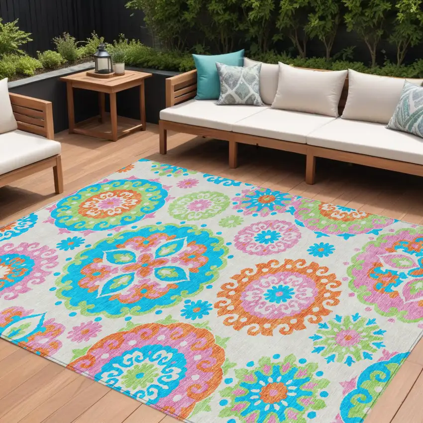 White Orange And Teal Blue Floral Medallion Washable Indoor Outdoor Area Rug Photo 1