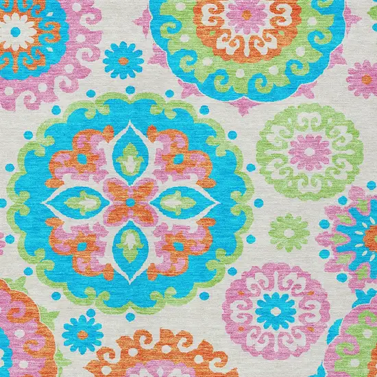 White Orange And Teal Blue Floral Medallion Washable Indoor Outdoor Area Rug Photo 4