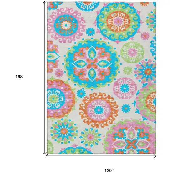 White Orange And Teal Blue Floral Medallion Washable Indoor Outdoor Area Rug Photo 3