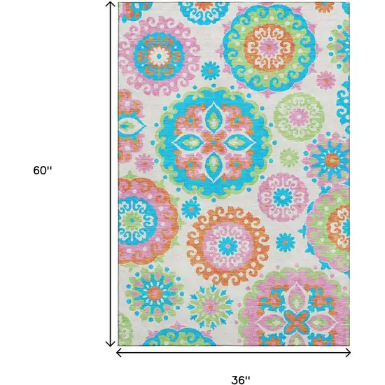 White Orange And Teal Medallion Washable Area Rug With UV Protection Photo 3