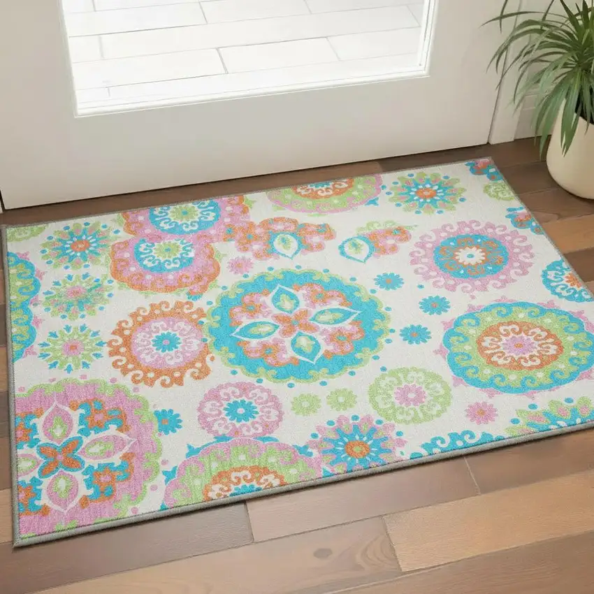 White Orange And Teal Medallion Washable Area Rug With UV Protection Photo 2