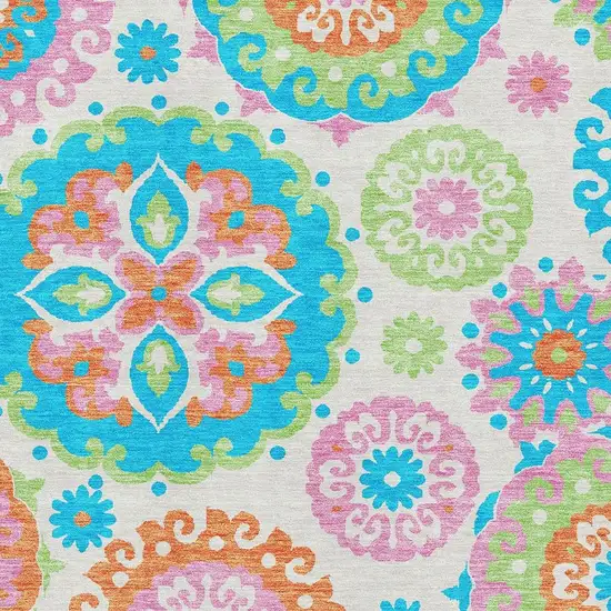 White Orange And Teal Medallion Washable Area Rug With UV Protection Photo 3
