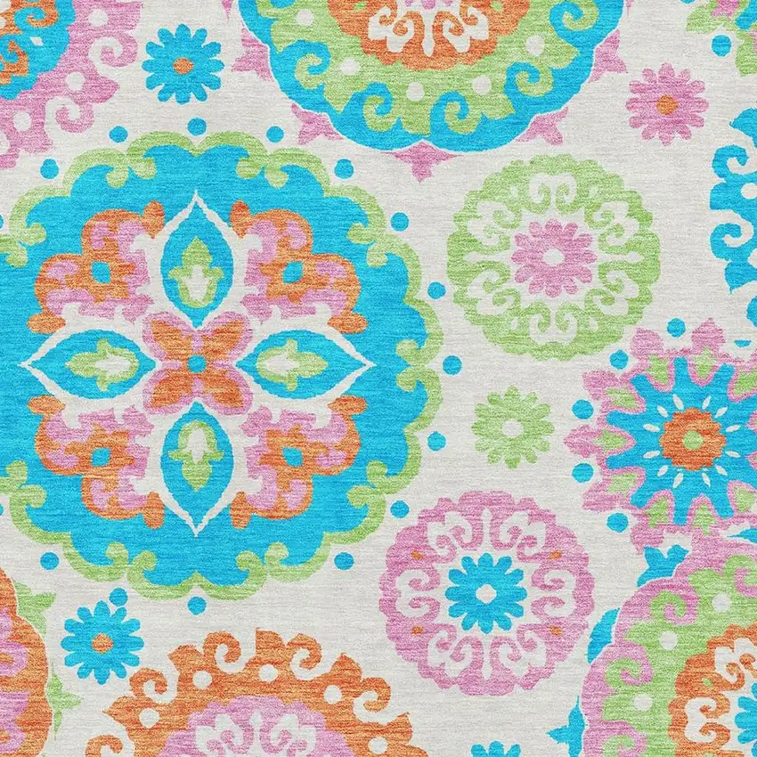 White Orange And Teal Medallion Washable Area Rug With UV Protection Photo 3