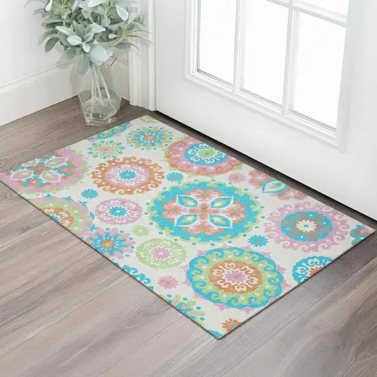 White Orange And Teal Medallion Washable Area Rug With UV Protection Photo 1