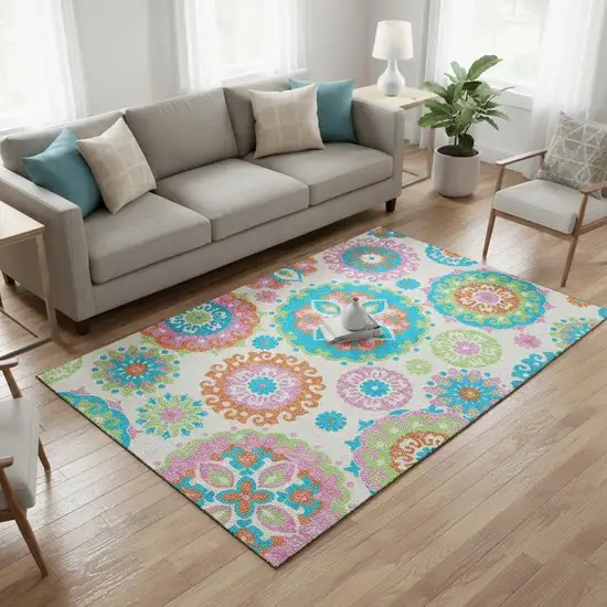 White Orange And Teal Medallion Washable Area Rug With UV Protection Photo 2