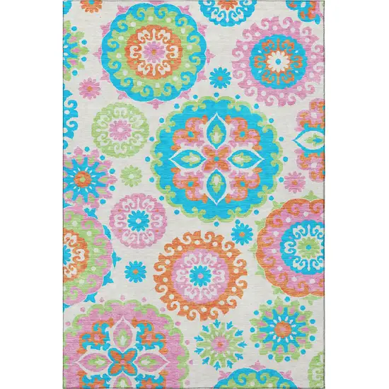 White Orange And Teal Medallion Washable Area Rug With UV Protection Photo 3