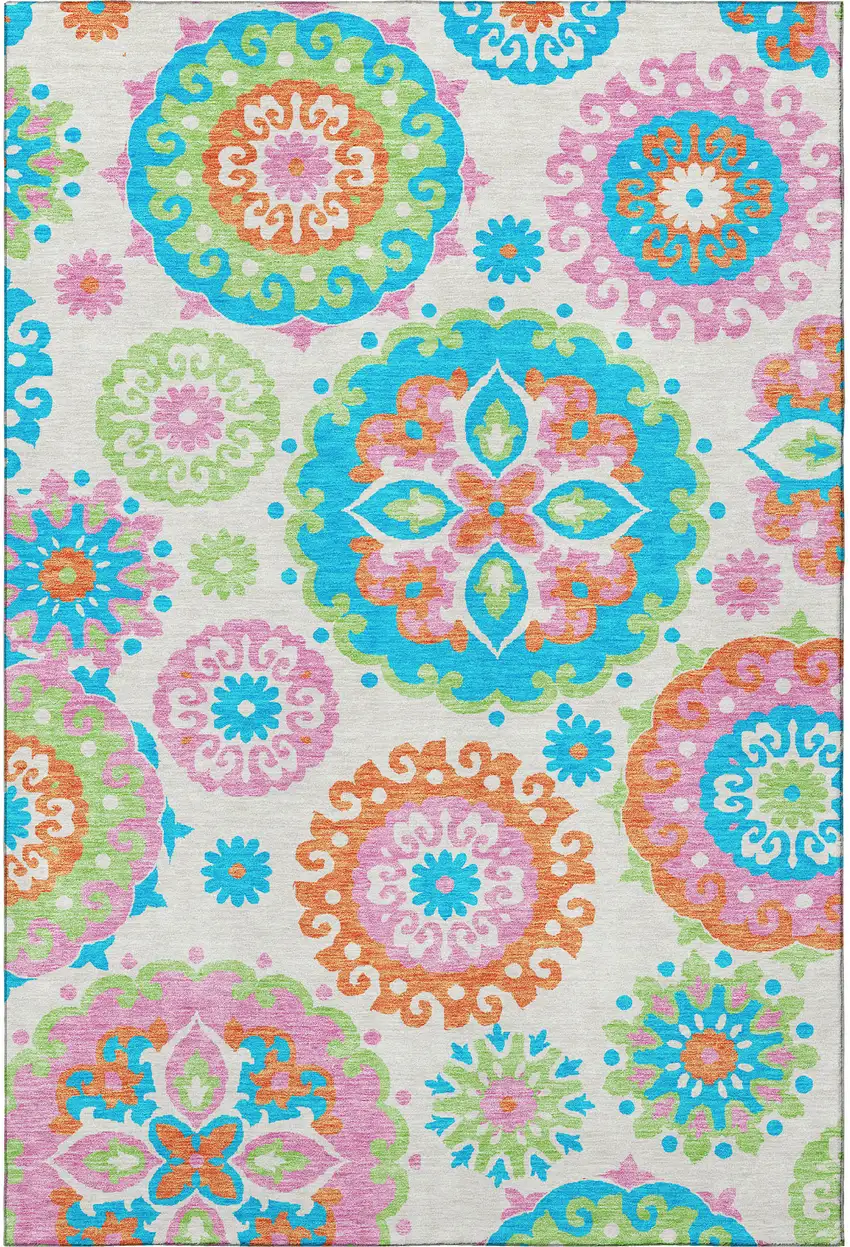 White Orange And Teal Medallion Washable Area Rug With UV Protection Photo 3