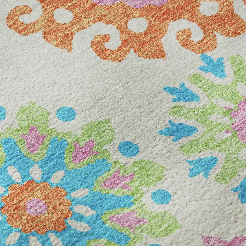 White Orange And Teal Medallion Washable Area Rug With UV Protection Photo 9