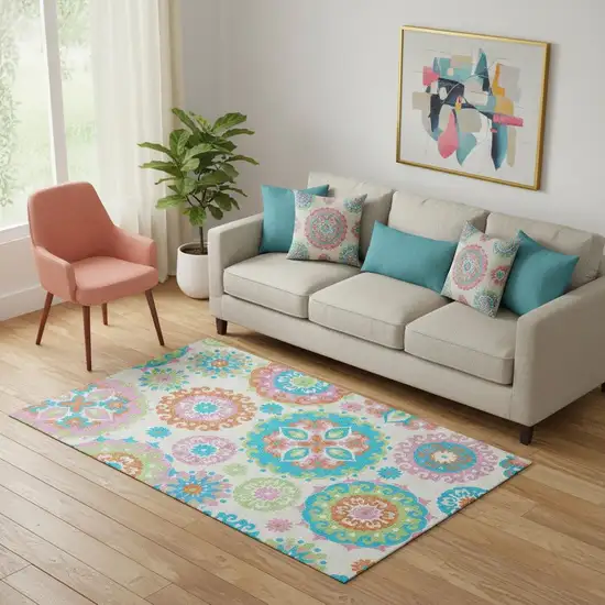 White Orange And Teal Medallion Washable Area Rug With UV Protection Photo 1