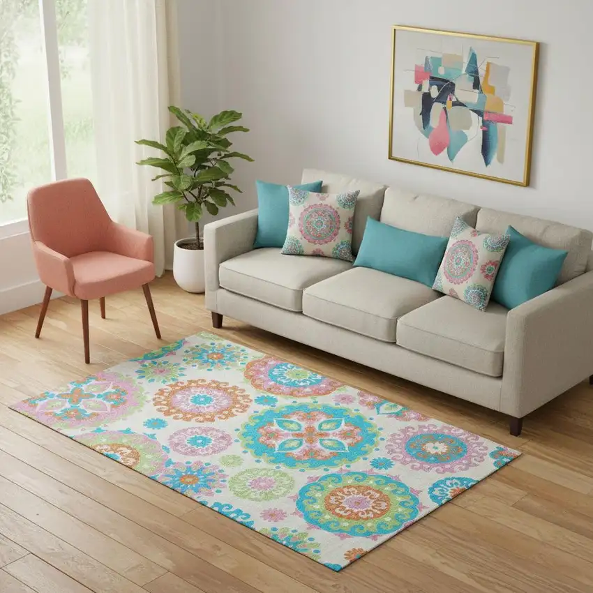 White Orange And Teal Medallion Washable Area Rug With UV Protection Photo 1