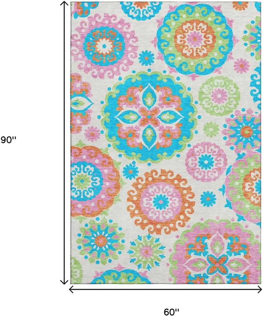 White Orange And Teal Medallion Washable Area Rug With UV Protection Photo 3