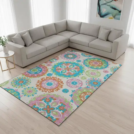 White Orange And Teal Medallion Washable Area Rug With UV Protection Photo 2