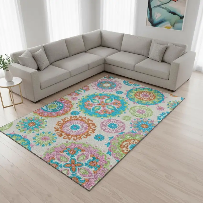 White Orange And Teal Medallion Washable Area Rug With UV Protection Photo 2