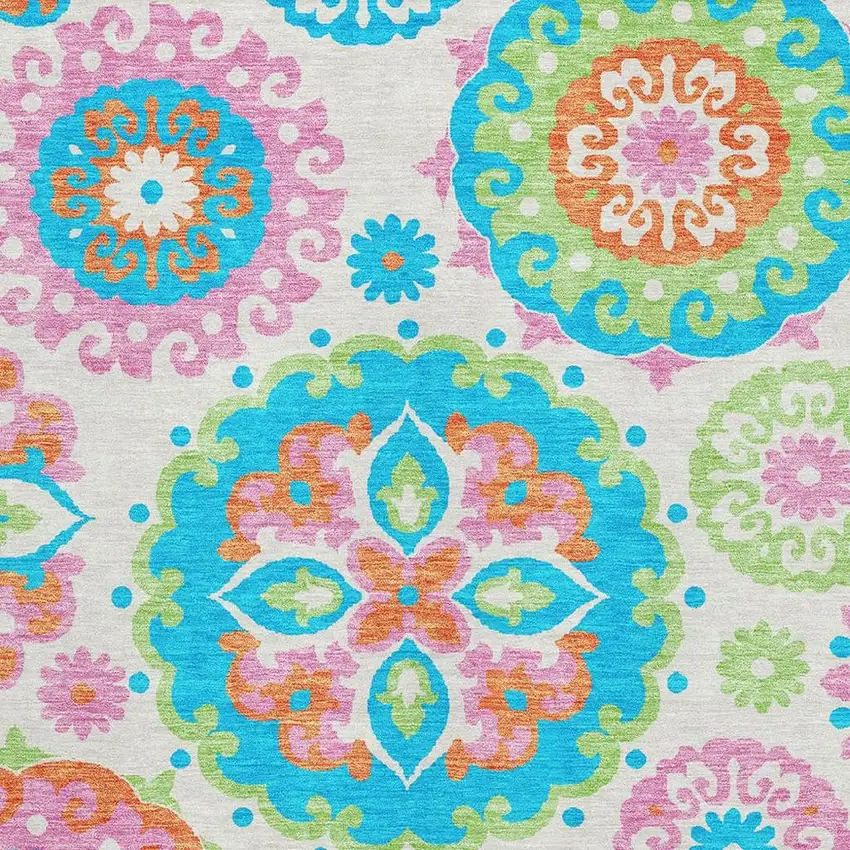 White Orange And Teal Medallion Washable Area Rug With UV Protection Photo 3