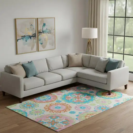 White Orange And Teal Medallion Washable Area Rug With UV Protection Photo 1