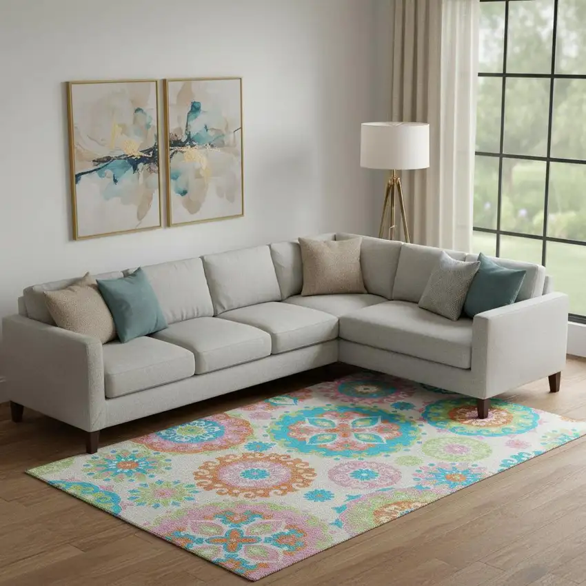 White Orange And Teal Medallion Washable Area Rug With UV Protection Photo 1