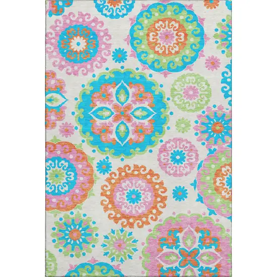 White Orange And Teal Medallion Washable Area Rug With UV Protection Photo 1