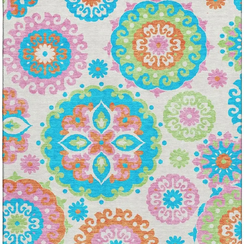White Orange And Teal Medallion Washable Area Rug With UV Protection Photo 4