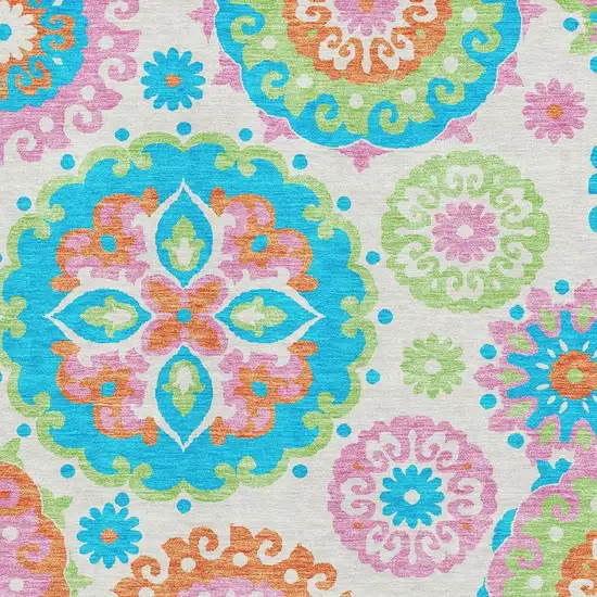 White Orange And Teal Medallion Washable Area Rug With UV Protection Photo 3