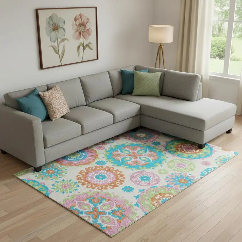 White Orange And Teal Medallion Washable Area Rug With UV Protection Photo 1