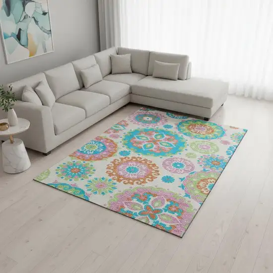 White Orange And Teal Medallion Washable Area Rug With UV Protection Photo 2