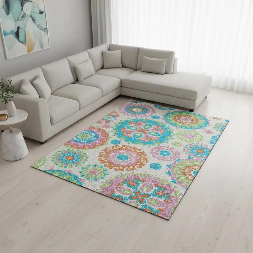White Orange And Teal Medallion Washable Area Rug With UV Protection Photo 2
