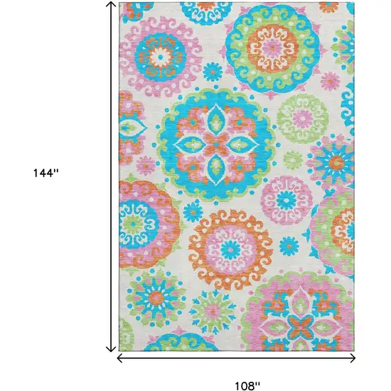 White Orange And Teal Medallion Washable Area Rug With UV Protection Photo 3