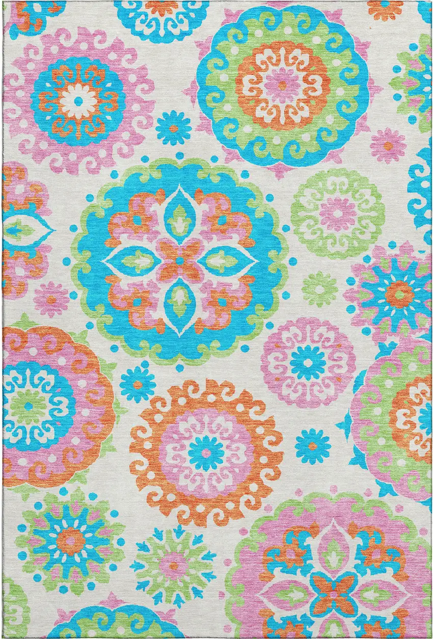 White Orange And Teal Medallion Washable Area Rug With UV Protection Photo 1