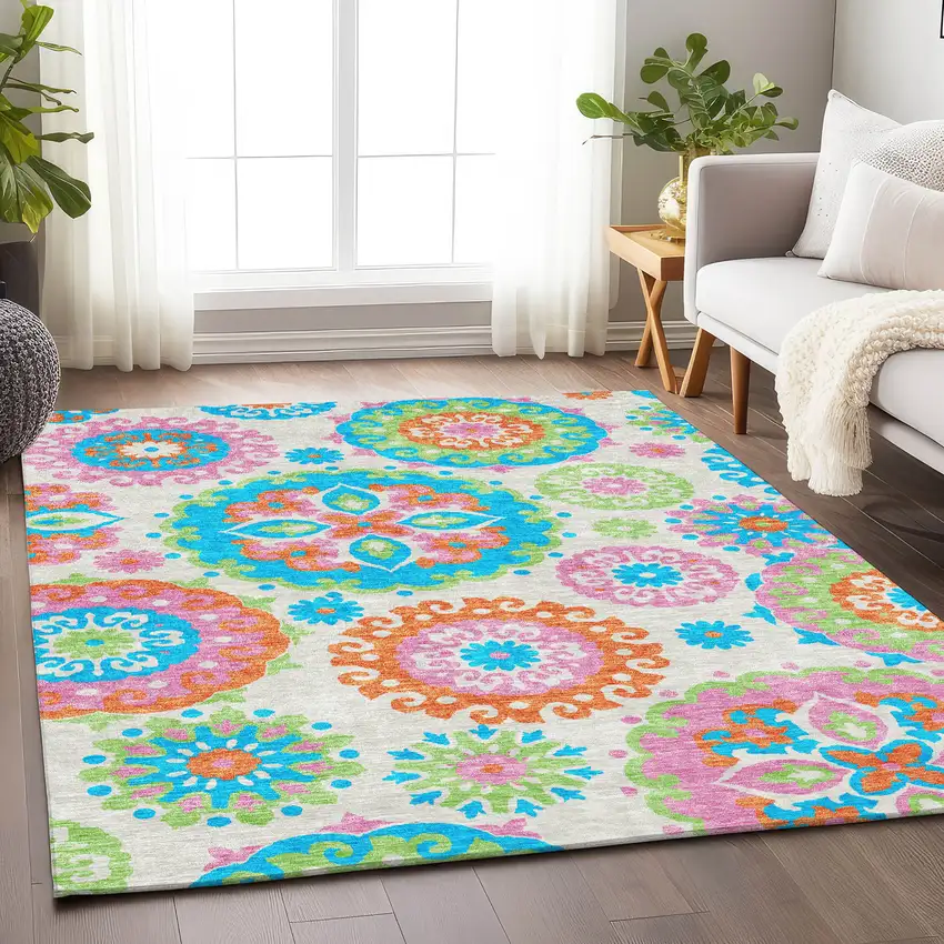 White Orange And Teal Medallion Washable Area Rug With UV Protection Photo 5