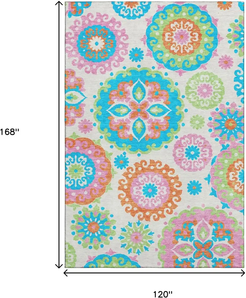 White Orange And Teal Medallion Washable Area Rug With UV Protection Photo 3