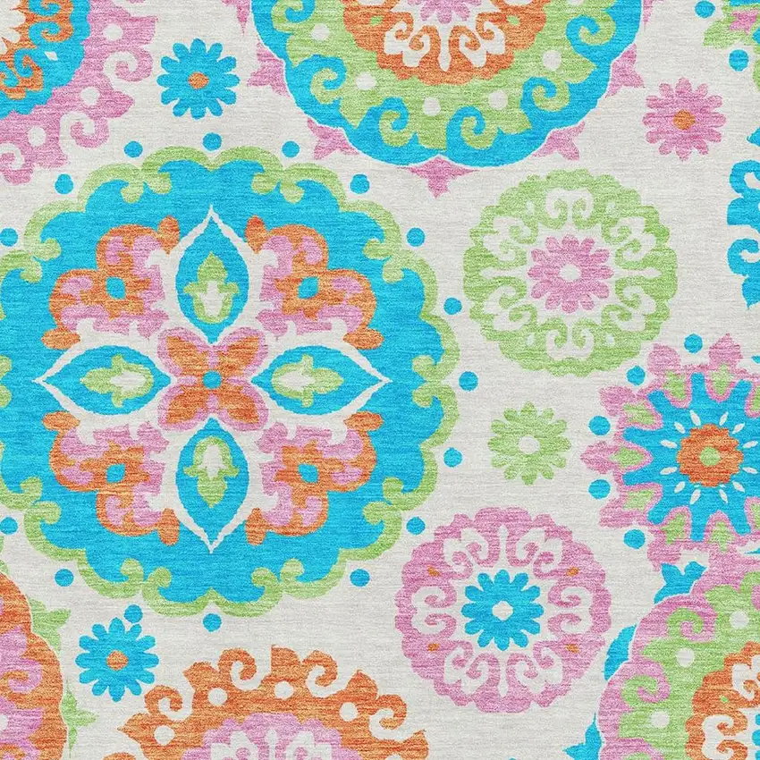 White Orange And Teal Medallion Washable Area Rug With UV Protection Photo 3