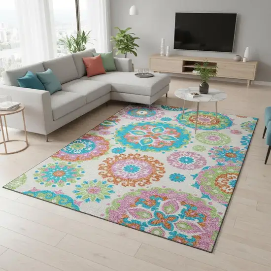 White Orange And Teal Medallion Washable Area Rug With UV Protection Photo 2