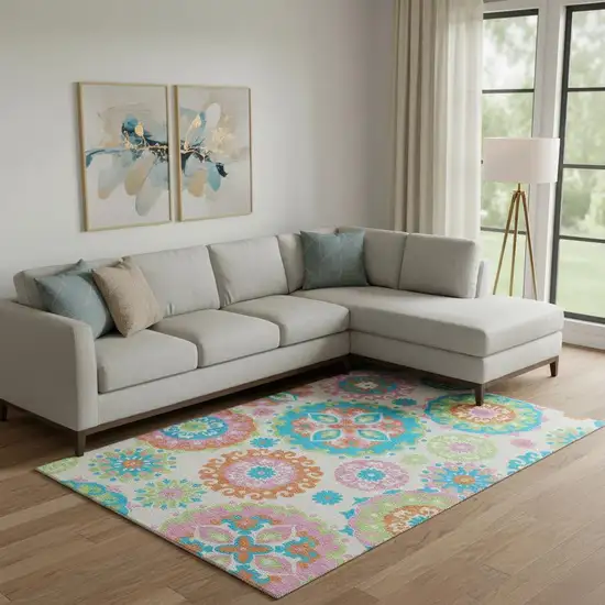 White Orange And Teal Medallion Washable Area Rug With UV Protection Photo 1