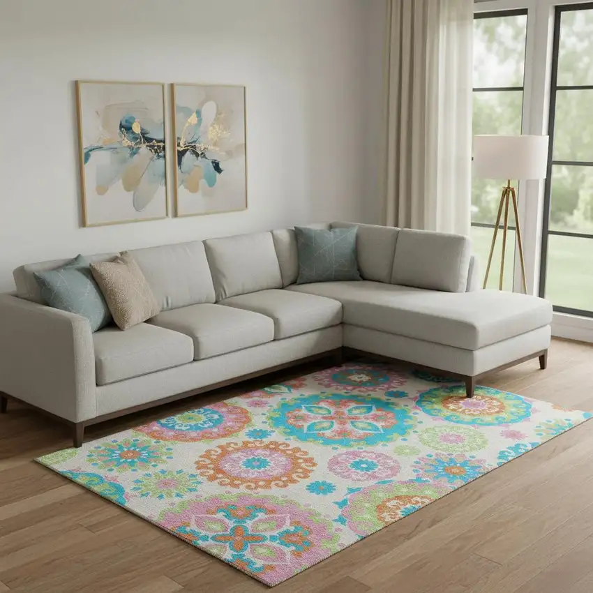 White Orange And Teal Medallion Washable Area Rug With UV Protection Photo 1