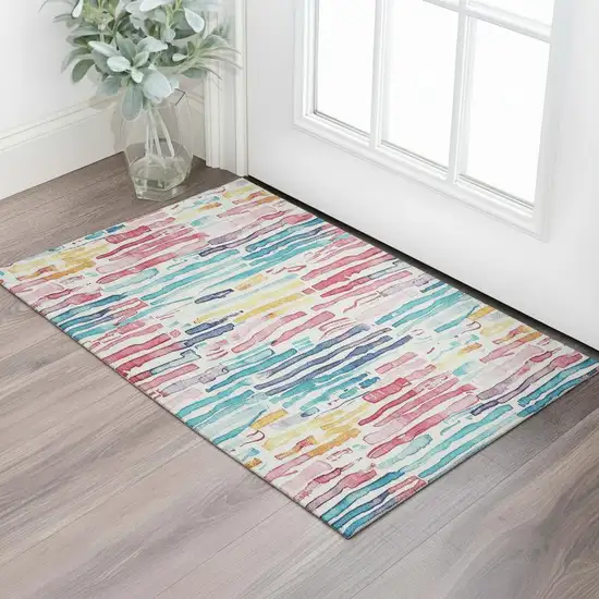 White Pink And Teal Striped Washable Area Rug With UV Protection Photo 2