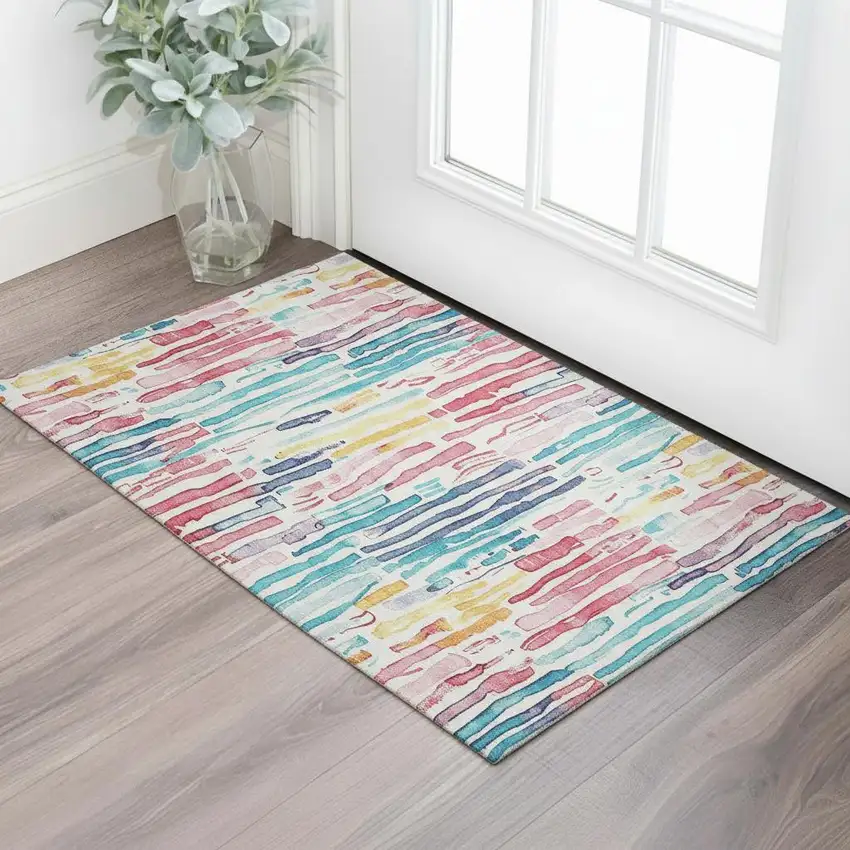 White Pink And Teal Striped Washable Area Rug With UV Protection Photo 2