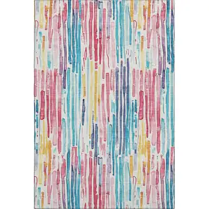 Photo of White Pink And Teal Striped Washable Area Rug With UV Protection