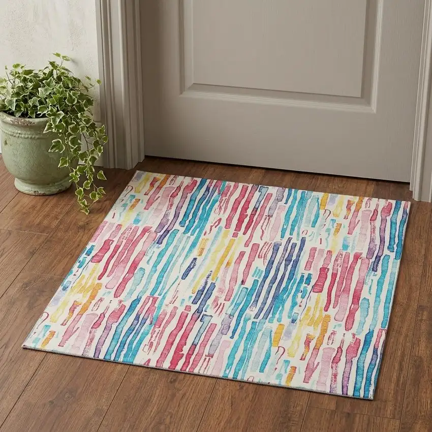 White Pink And Teal Striped Washable Area Rug With UV Protection Photo 1